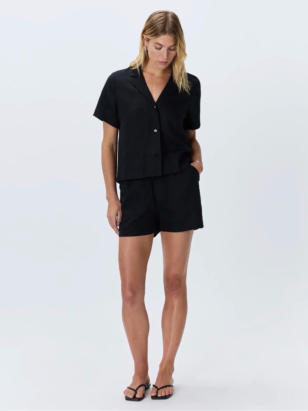Quince 100% European Linen Black High-Waist Drawstring Shorts